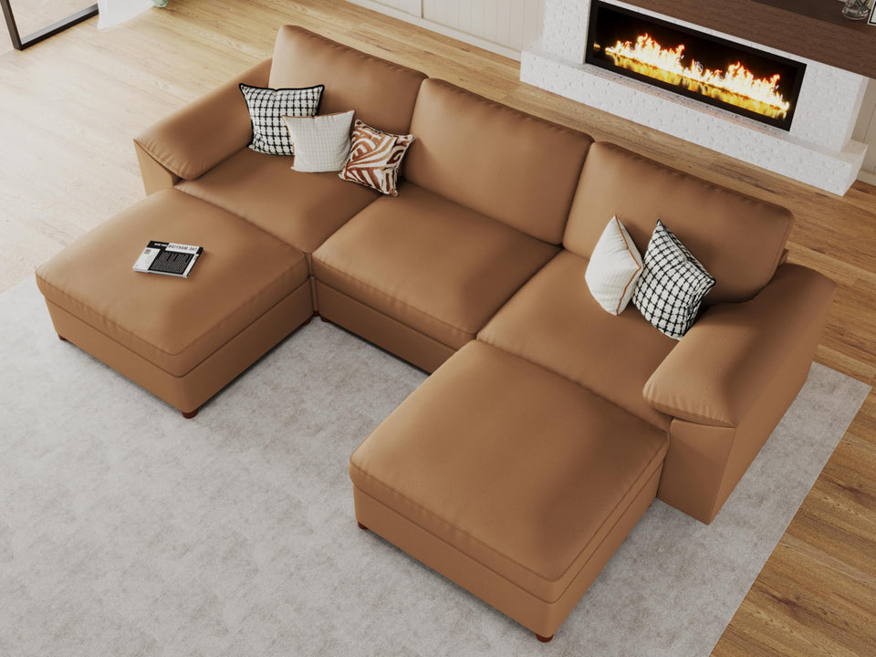 EASE MOOSE Leather Sectional Couch, Oversized Modular Sectional Sofas, Wide Deep Seat Modular Couch, Scratch Resistant Faux Leather Material, L Shaped Sofa for Big Spaces,Beige