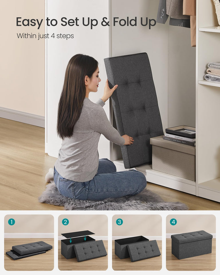 SONGMICS MAZIE Collection - 43 Inches Folding Storage Ottoman Bench, Ottoman Foot Rest, End of Bed Bench, Storage Chest, Load 660 lb, for Living Room, Bedroom, Entryway, Dark Gray ULSF77K