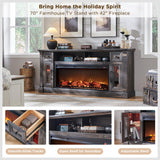 OKD Fireplace TV Stand for 80 Inch TV - Farmhouse Entertainment Center with 42" Electric Fireplace & LED Lights, Wood Media Console with Storage Drawers & Cabinets for Living Room, Antique White
