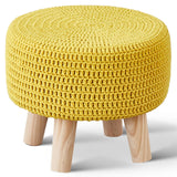 Wimarsbon Pouf Ottoman, 100% Cotton Knitted Boho Footstool, Round Footrest with Non-Skid Wood Legs, Home Décor Handmade Pouffe, Leisure Floor Step Stool for Living Room (Beige)