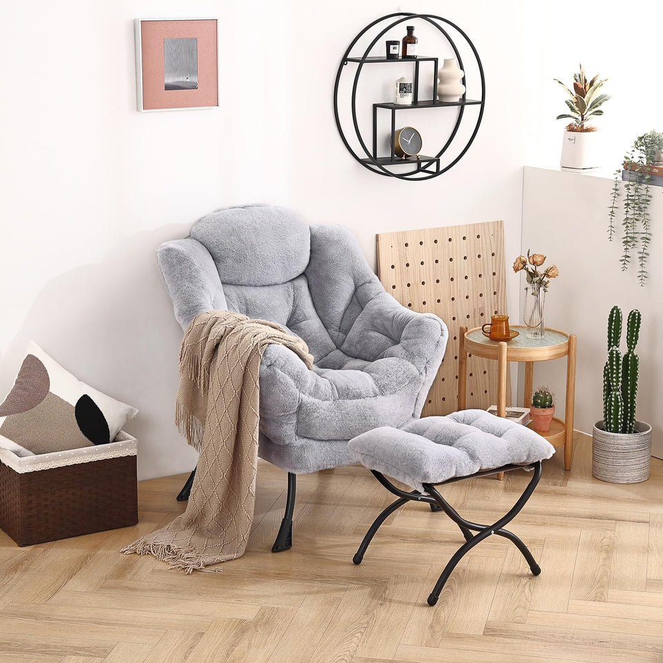 Welnow Lazy Chair with Ottoman, Modern Lounge Accent Chair with Armrests and a Side Pocket, Leisure Sofa Armchair, Reading Armchair with Footrest for Small Space, Dark Grey