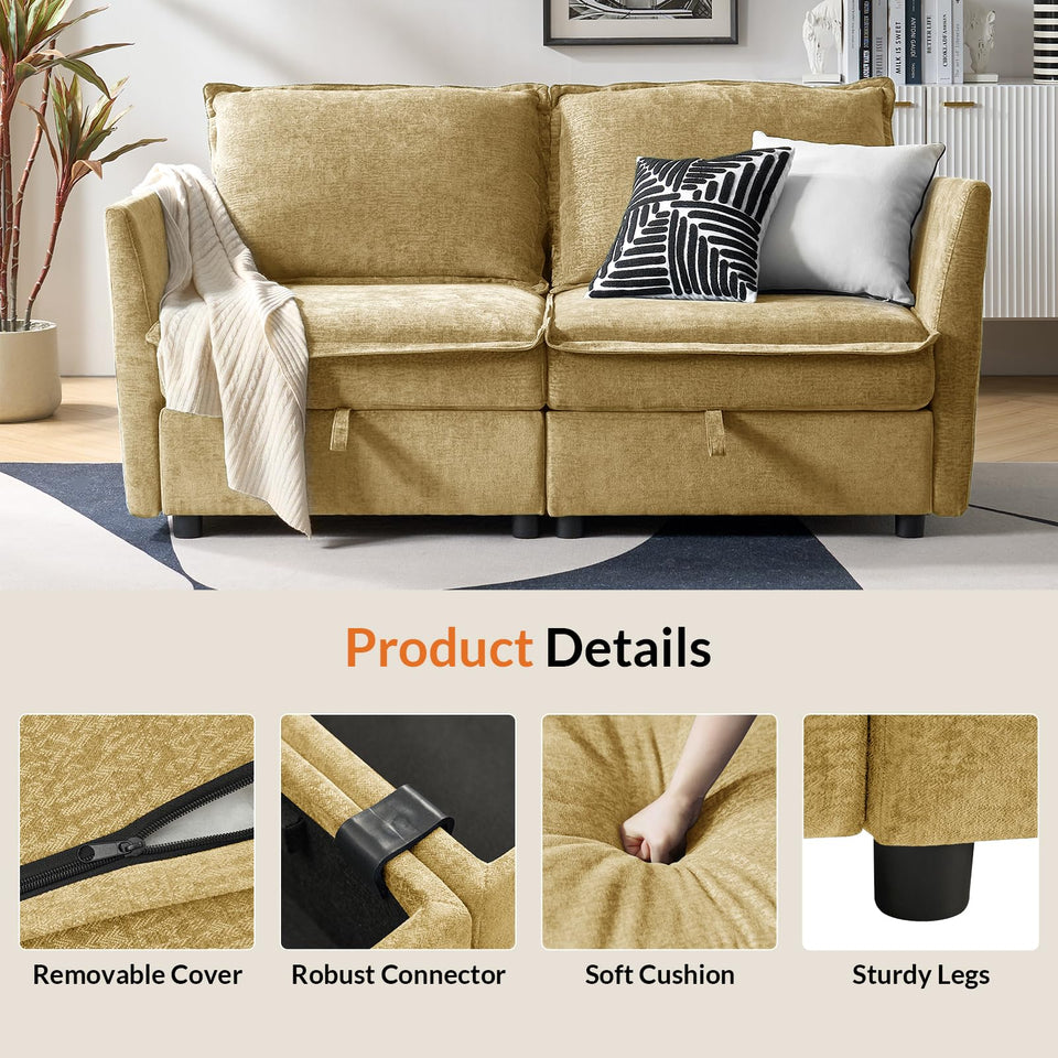 HULALA HOME 127'' Modular Sectional Sofa, Oversized U Shaped Couch with Storage Ottoman, Comfy Chenille Sofa with Deep Seat, 6 Seat Convertible Couches for Living Room, Beige