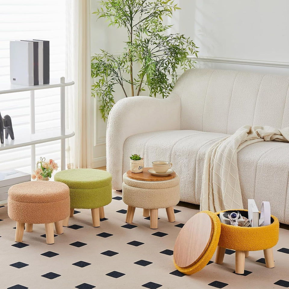 Wimarsbon Storage Ottoman, Modern Round Footrest with Soft Padded Seat, Teddy Velvet Footstool with Wood Legs, Accent Small Table or Plant Stand for Hallway, Living Room (Cream)