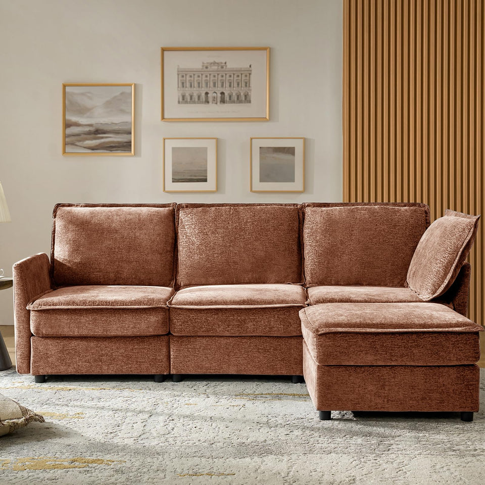 HULALA HOME 127'' Modular Sectional Sofa, Oversized U Shaped Couch with Storage Ottoman, Comfy Chenille Sofa with Deep Seat, 6 Seat Convertible Couches for Living Room, Beige