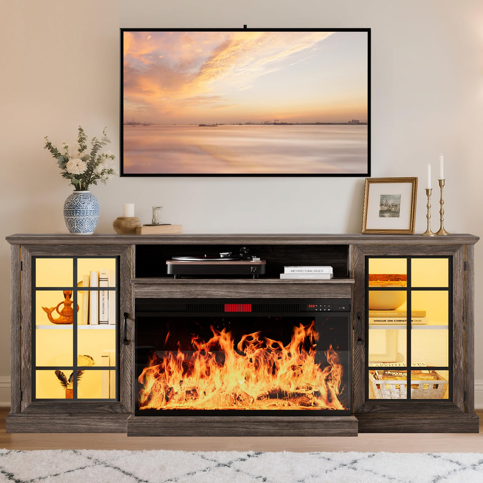 oneinmil 36 Inch 3-Sided Glass Fireplace TV Stand for TVs up to 80", Rustic Media Entertainment Center Console Table with Glass Door Closed Storage, Set of TV Table, White