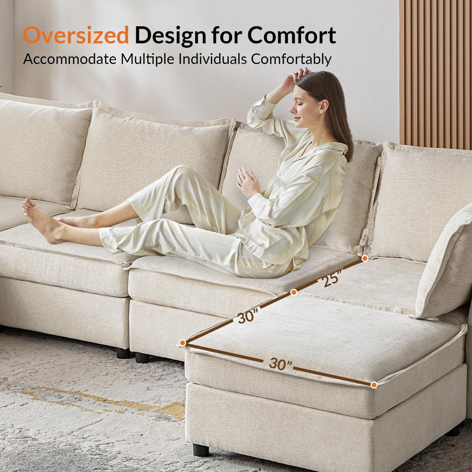 HULALA HOME 127'' Modular Sectional Sofa, Oversized U Shaped Couch with Storage Ottoman, Comfy Chenille Sofa with Deep Seat, 6 Seat Convertible Couches for Living Room, Beige
