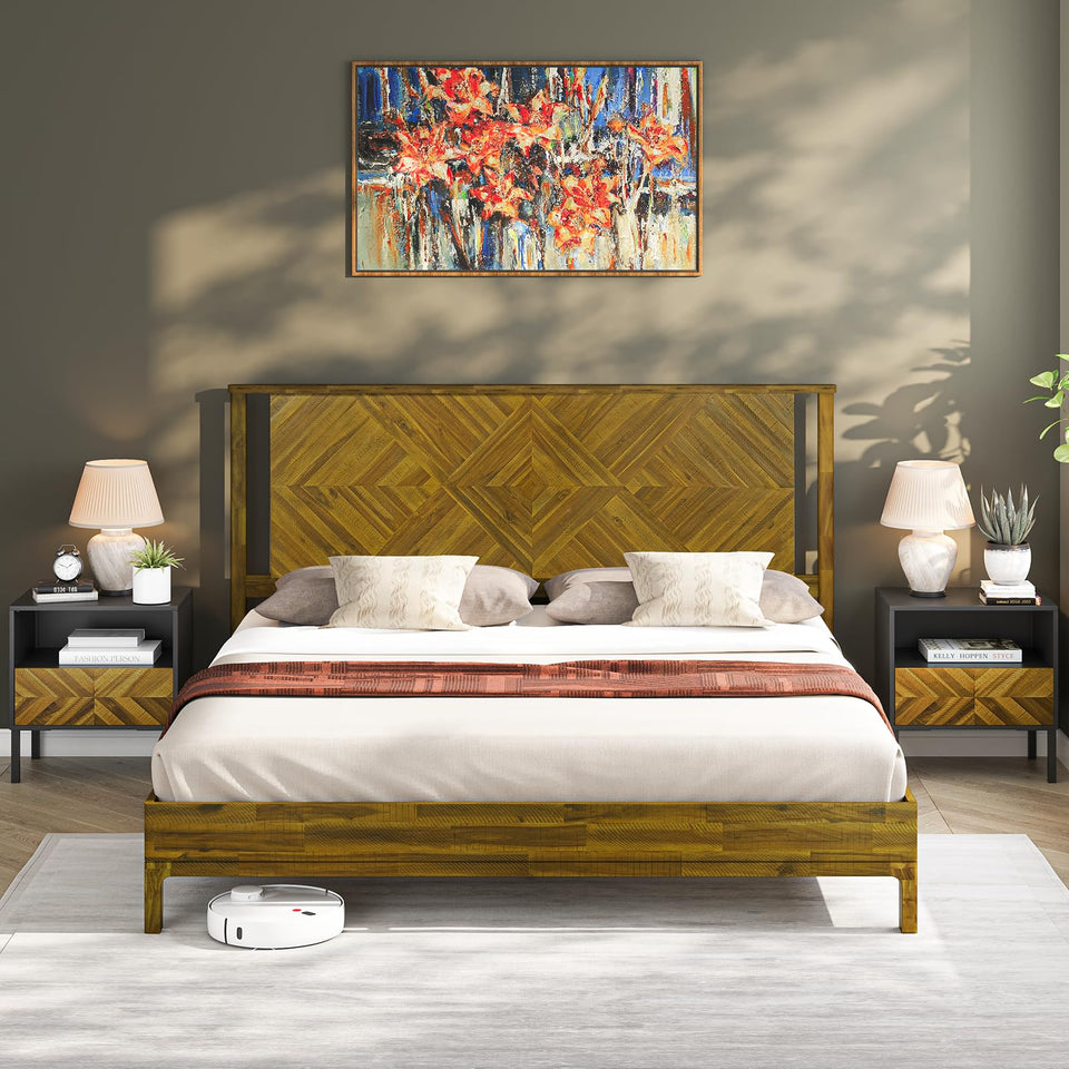 Bme Vivian 14 Inch Deluxe Bed Frame with Headboard, Rustic & Scandinavian Style with Solid Acacia Wood, No Box Spring Needed, 12 Strong Wood Slat Support, Easy Assembly, King, Rustic Golden Brown