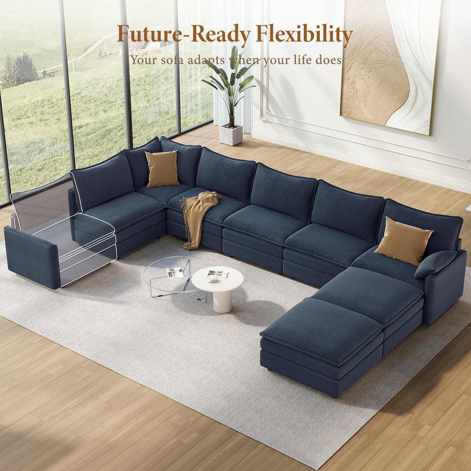 Vesgantti 142" U Shaped Sectional Couch, Comfy Cloud Modular Sectional Sofa with 2 Ottoman Deep Seat Chenille Modern Cloud Sofa, Modular Sofas for Living Room, Bedroom and Apartment, Beige