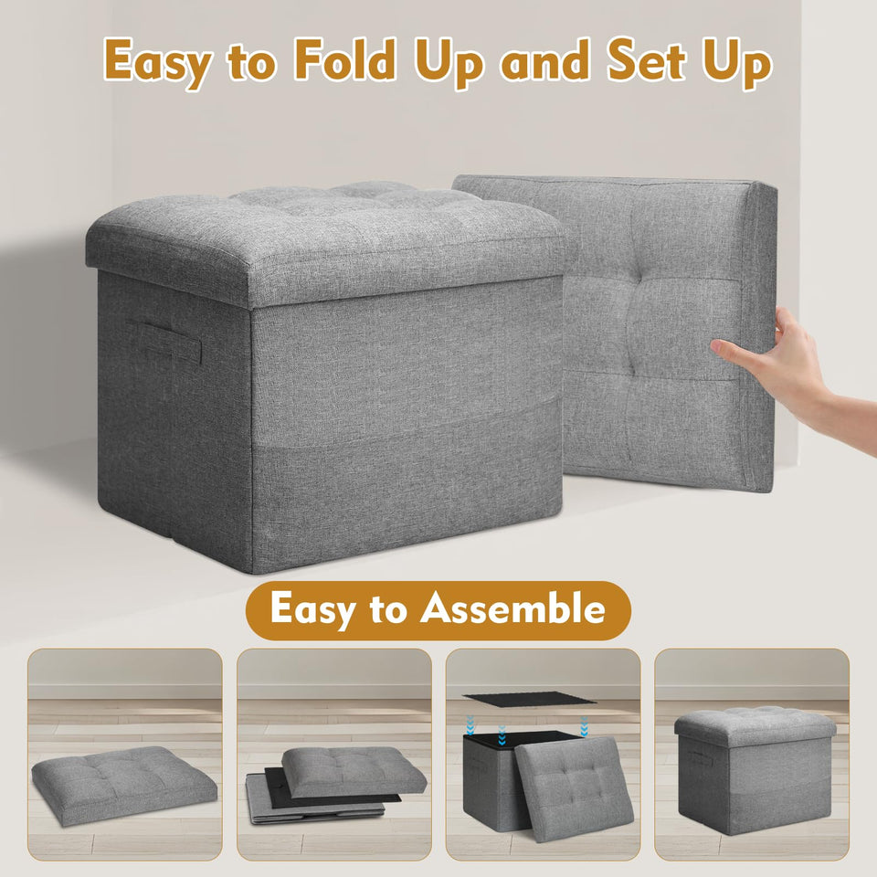 Storage Ottoman with Extra Thick Foam Padded Seat, Foldable Foot Rest Stool with Linen Fabric, 43L Ottoman with Storage Bench for Bedroom Living Room, Holds Up to 300lbs, 17x13x13in, Dark Gray