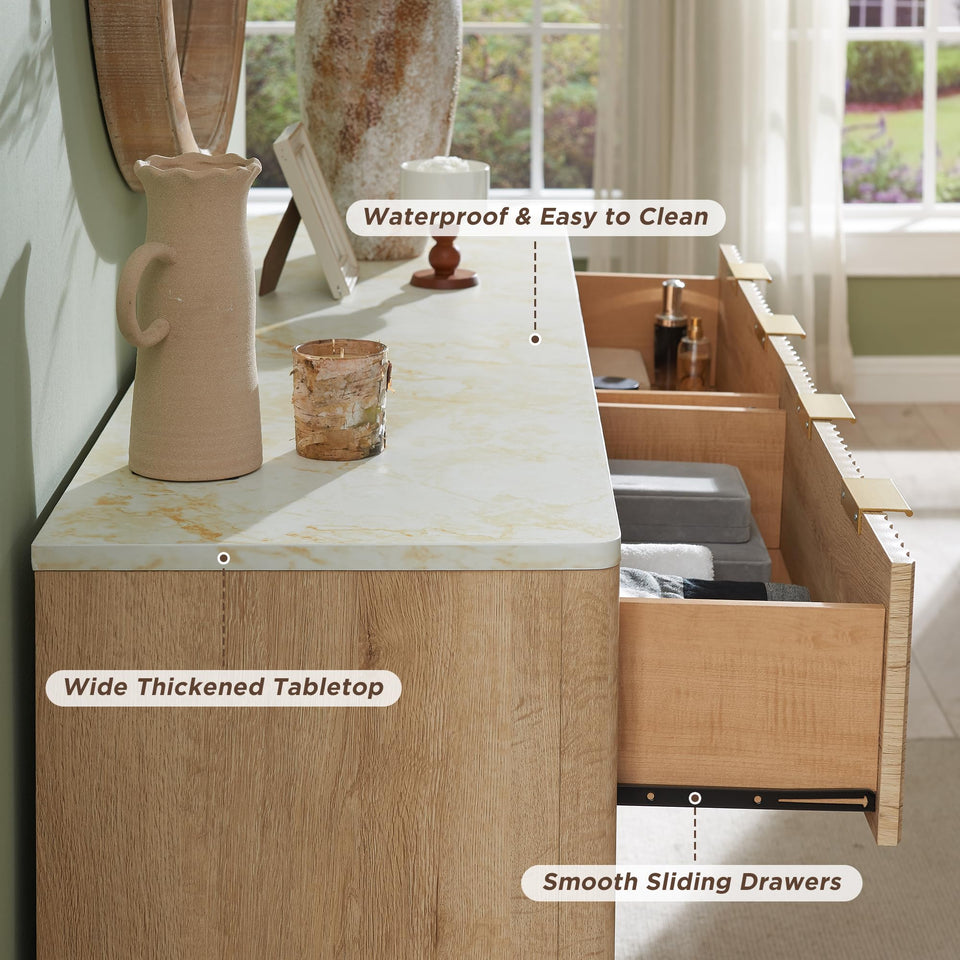 T4TREAM Fluted 7 Drawers Dresser, 54" Wide Modern Chest of Drawers with Faux Marble Top, Curved Profile Design, Dresser TV Stand, Wood Drawer Organizer for Bedroom, Living Room, Hallway, Natural Oak