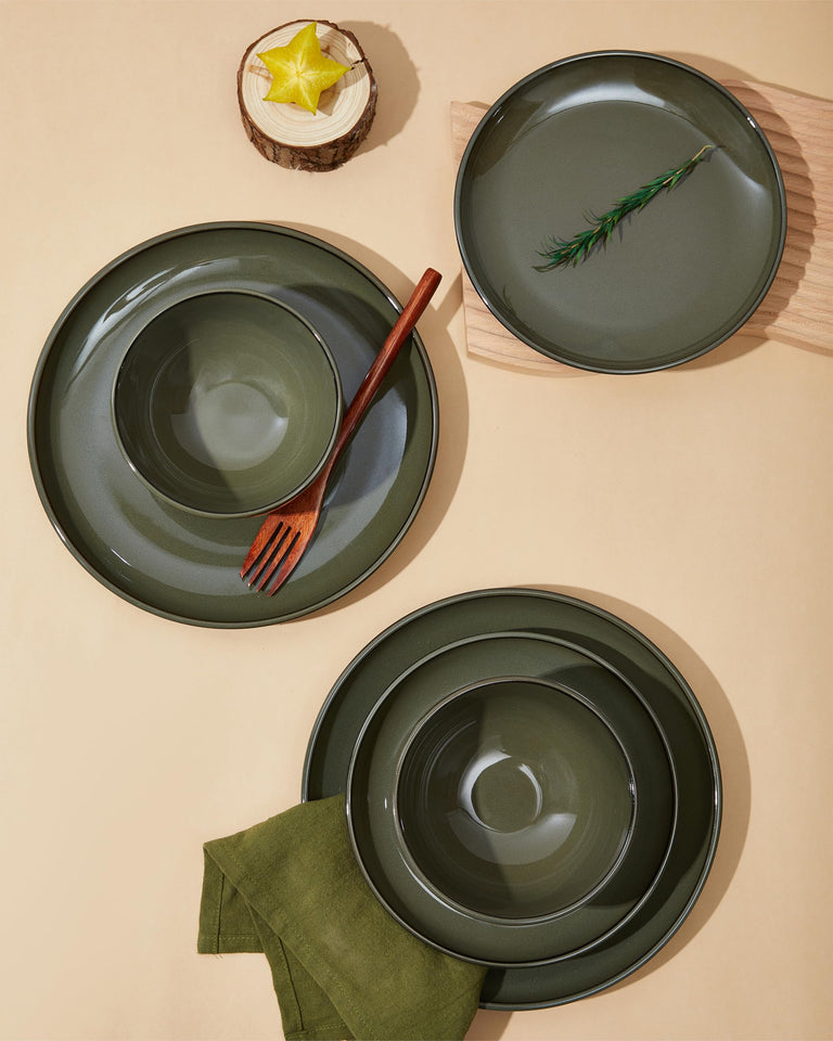 Pokini 24 Piece Dinnerware Sets for 8, Modern Stoneware Plates and Bowls Setst, Perfect for Family Gatherings & Holiday Celebrations, Easy Cleaning Dishes Set, Stack Compactly Dishware, Brown Green