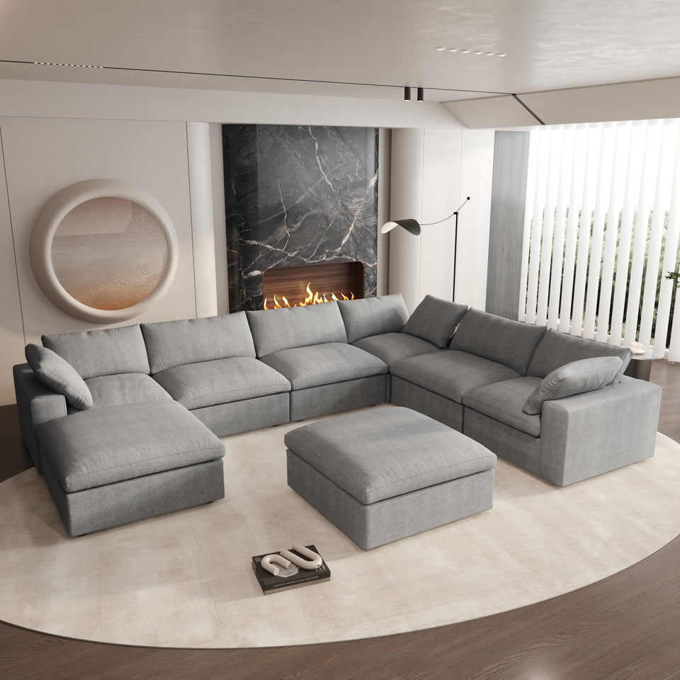 160.6" Cloud Couch Modular Sectional Sofa for Livingroom,Oversized Convertible Sofa with Storage Ottomans,6 Seat Wide Couches,Cushion Covers Removable (Khaki, 6 Seater)