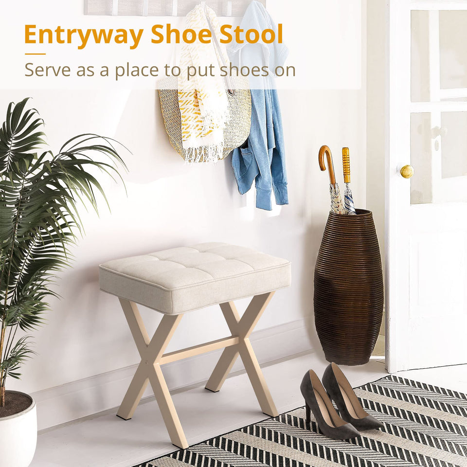 LUE BONA Square Linen Makeup Stool, Metal X Legs, Small Ottoman Stool Chair for Vanity, Modern Padded Seat Foot Rest for Makeup Room, Bathroom