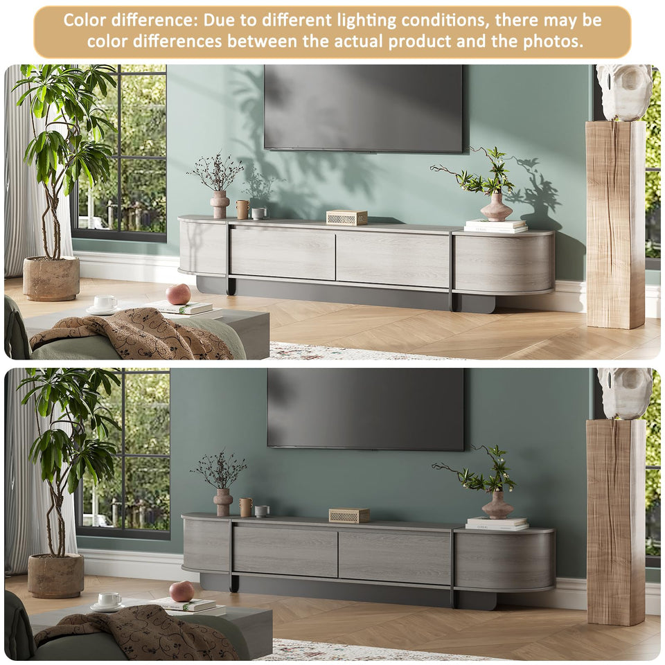 UKAOCAI 86.61'' Tambour TV Stand for 55-85 Inch, Modern Entertainment Center with Large Storage Cabinet & Open Shelves, TV Console with Sliding Doors for Living Room, Bedroom, Natural