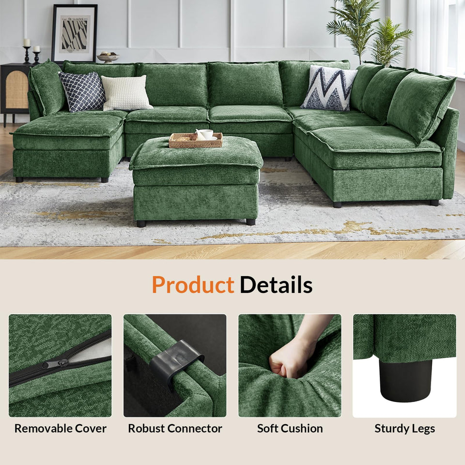 HULALA HOME 127'' Modular Sectional Sofa, Oversized U Shaped Couch with Storage Ottoman, Comfy Chenille Sofa with Deep Seat, 6 Seat Convertible Couches for Living Room, Beige