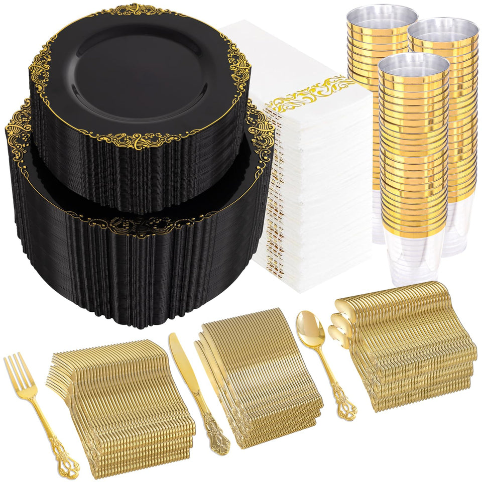 YOUBET 700PCS Silver Plastic Plates - White and Silver Disposable Plates - Silvery Plastic Dinnerware Set - Include 200 Plates, 300 Heavy Duty Silverware, 100 Cups and 100 Napkins for Wedding & Party