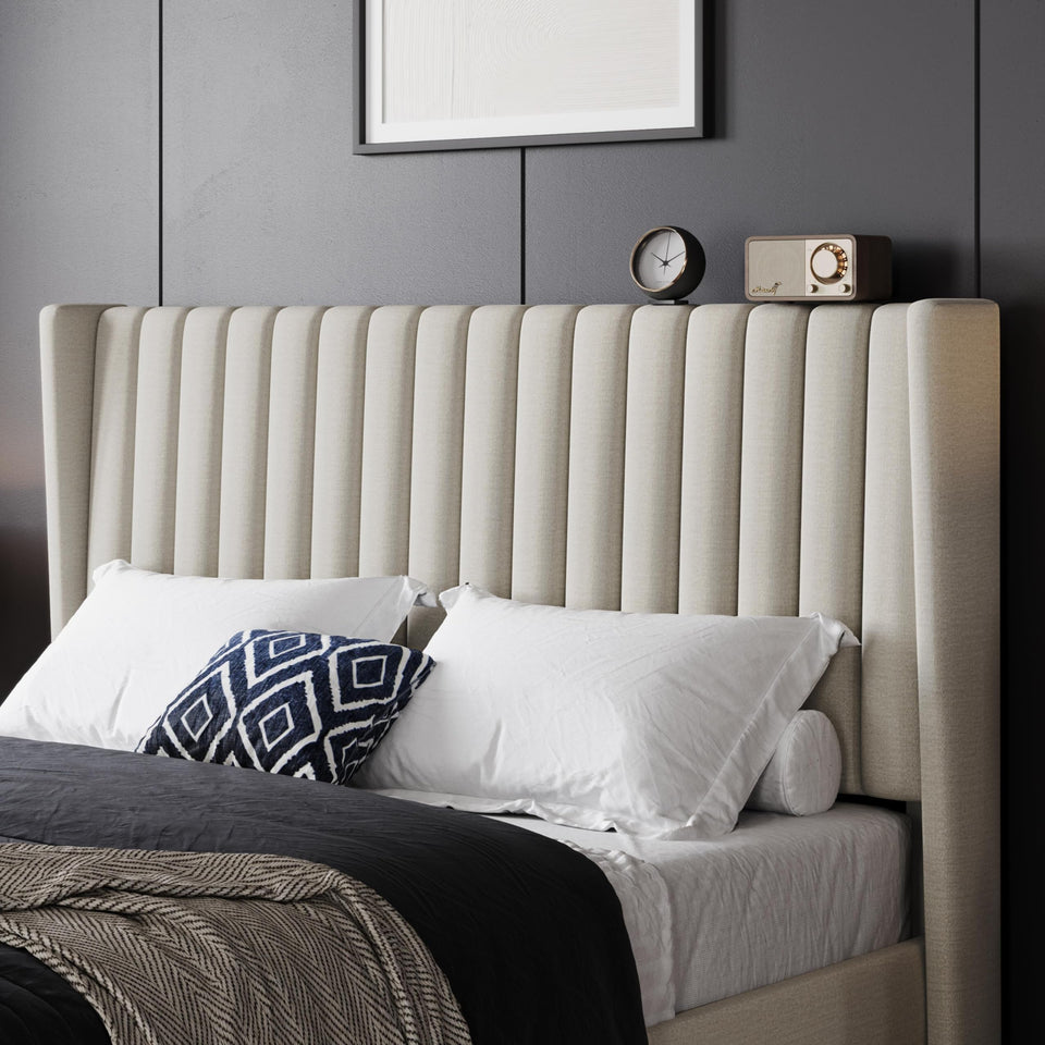 Yaheetech King Bed Frame Upholstered Platform Bed with Fabric Headboard, Wing Edge Design/Non-Slip and Noise-Free/Wooden Slats Support/No Box Spring Needed/Easy Assembly, Ivory King Bed