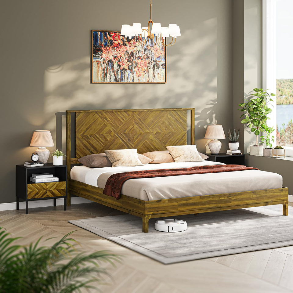 Bme Vivian 14 Inch Deluxe Bed Frame with Headboard, Rustic & Scandinavian Style with Solid Acacia Wood, No Box Spring Needed, 12 Strong Wood Slat Support, Easy Assembly, King, Rustic Golden Brown