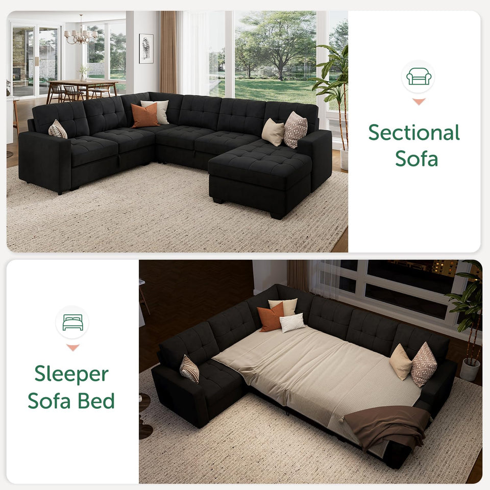 HONBAY Sectional Sleeper Sofa Pull Out Bed with Storage Chaise, Sectional Sofa Couch, Sleeper Couch Bed for Living Room, Dark Grey