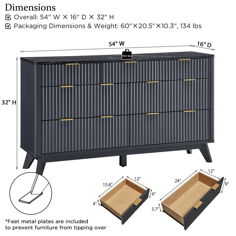 T4TREAM Fluted 7 Drawers Dresser, 54" Wide Modern Chest of Drawers with Faux Marble Top, Curved Profile Design, Dresser TV Stand, Wood Drawer Organizer for Bedroom, Living Room, Hallway, Natural Oak