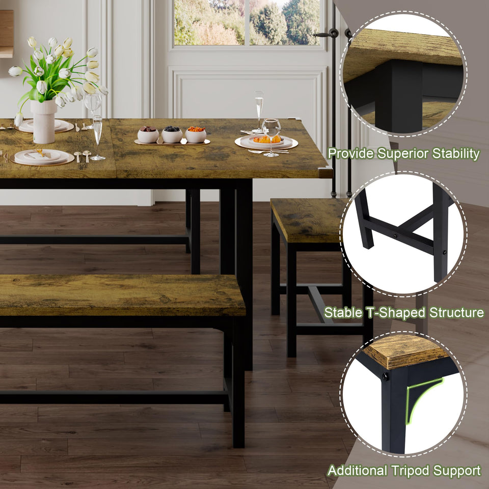 Feonase 5-Piece Dining Table Set for 4-8 People, 63" Large Extendable Kitchen Table Set with 2 Benches and 2 Square Stools, Dining Room Table with MDF Wood Board, Easy Assembly, Black