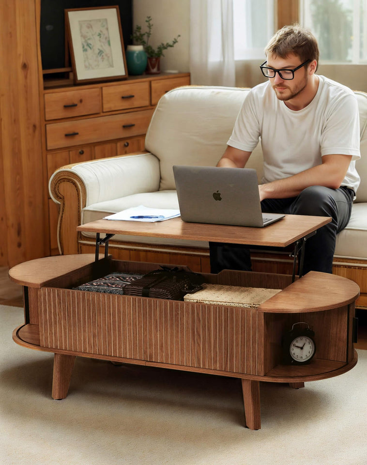 Pruchant Oval Lift Top Coffee Table with Storage, 47.2" Mid Century Modern Living Room Center Table with 180° Sliding Tambour Door, Wood Fluted Coffee Table for Home Office, Walnut