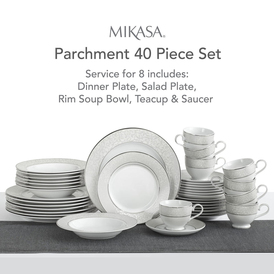 Mikasa Parchment 40-Piece Dinnerware Set, Service for 8, Durable Porcelain Plates, Bowls, and Mugs with Contemporary Design, Dishwasher Safe