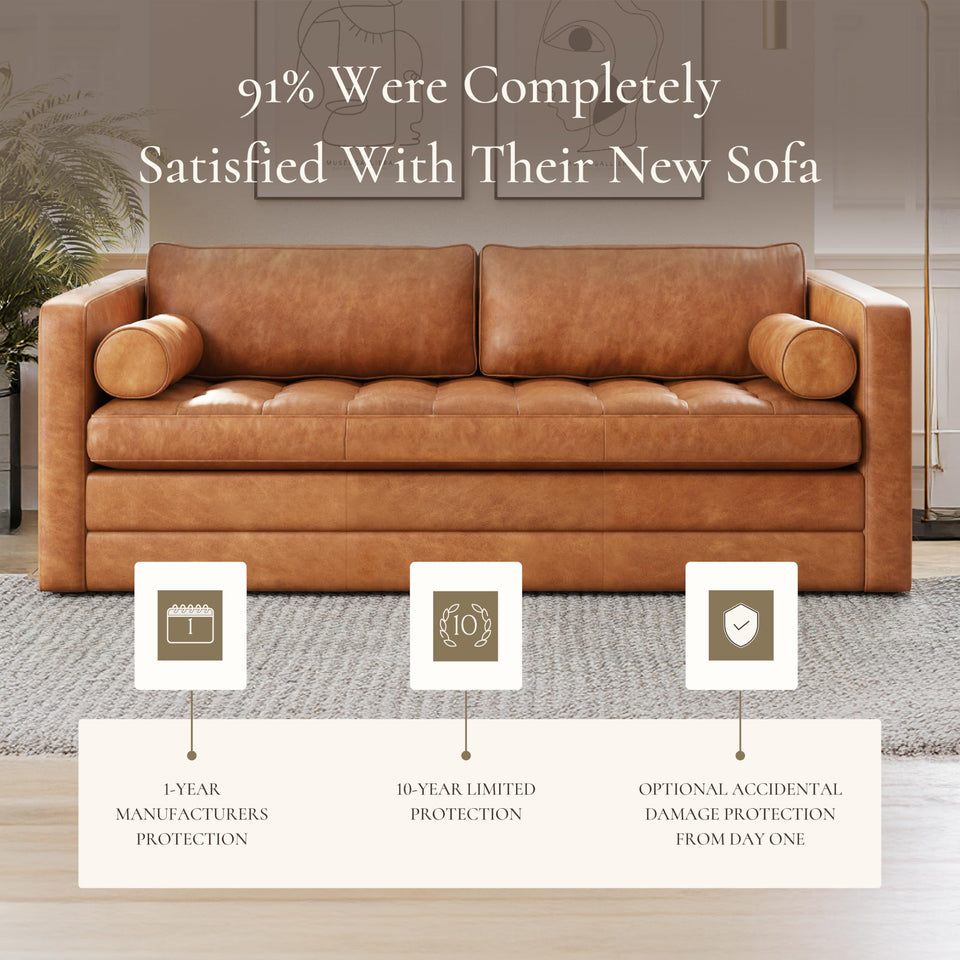 POLY & BARK Napa 72" Apartment Sofa – Italian-Tanned Full-Grain Pure-Aniline or Semi-Aniline Leather, Feather-Down Cushioning, Kiln-Dried Solid Wood Frame, Walnut Legs - Cognac Tan