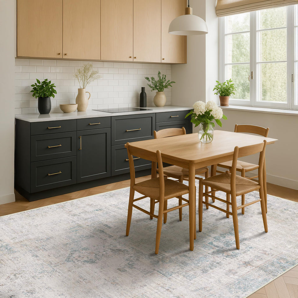 Neutral Living Room Rug - 10x14 Farmhouse Beige Brown Large Area Rug for Dining Room, Bedroom, Low Pile Lightweight Washable