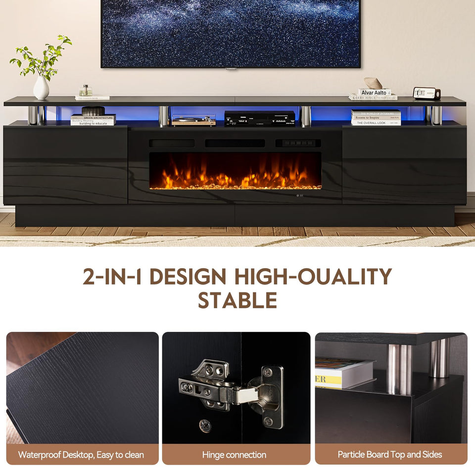 OneBlis 70" TV Stand for Living Room, Modern Entertainment Center & Media Console, Fits TVs up to 80", Storage Cabinet with Shelves, 36" Electric Fireplace with LED Flame (All Black)