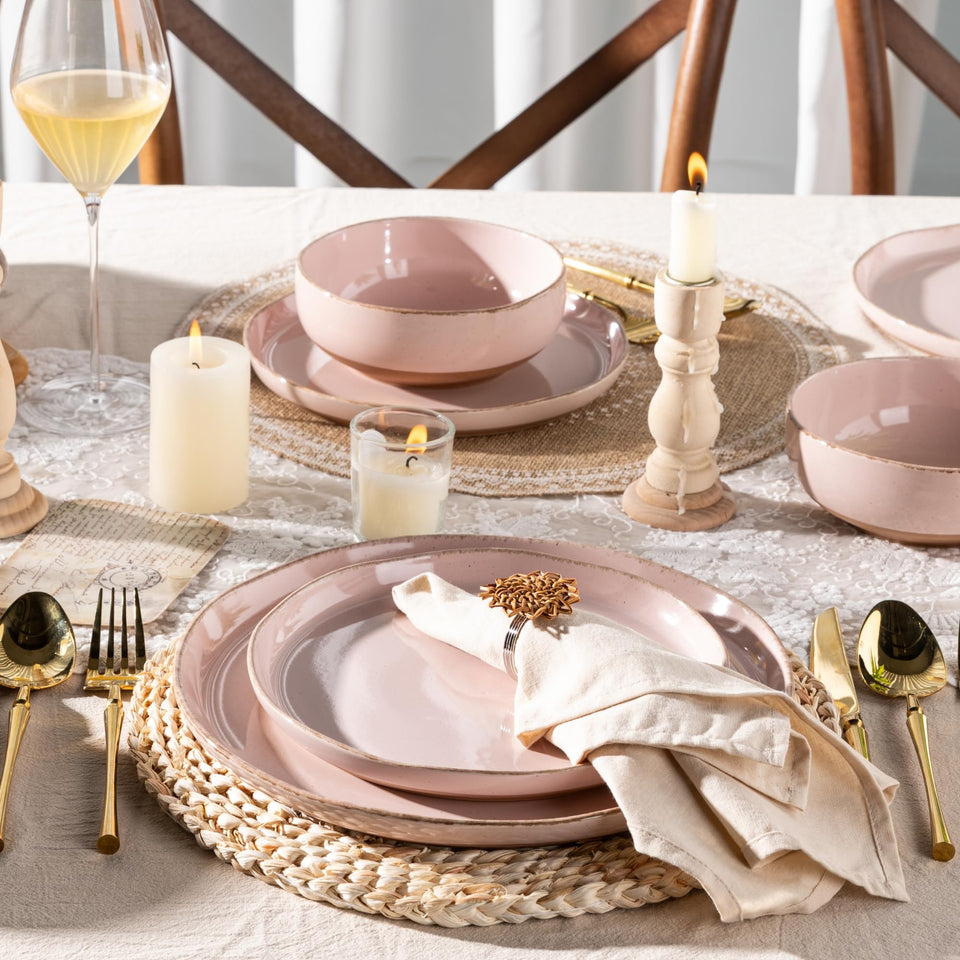 AmorArc Ceramic Dinnerware Sets for 8, 24 Pieces Handpainted Plates and Bowls Set with Rustic Terracotta Underside, Scratch Resistant Stoneware Dishes Set, Dishwasher & Microwave Safe, Light Beige