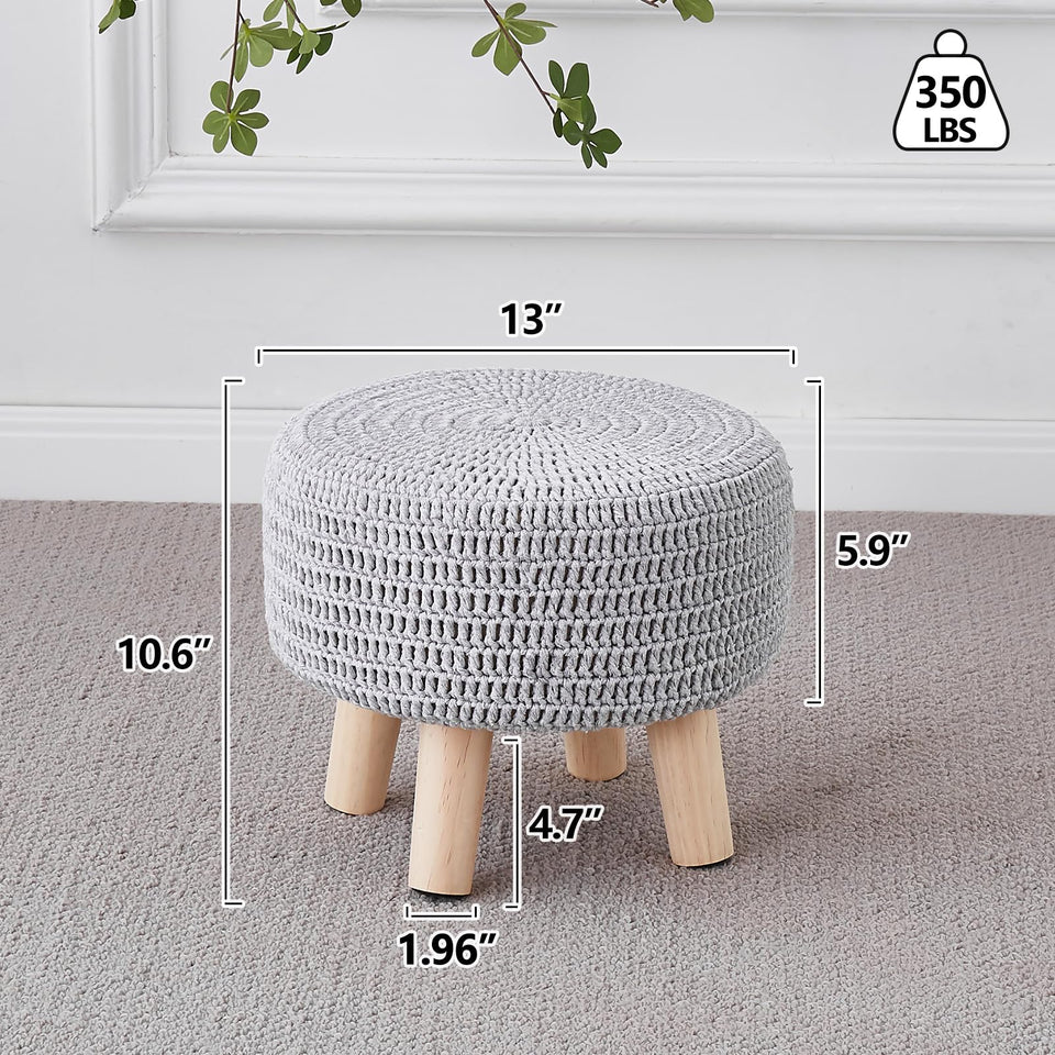 Wimarsbon Pouf Ottoman, 100% Cotton Knitted Boho Footstool, Round Footrest with Non-Skid Wood Legs, Home Décor Handmade Pouffe, Leisure Floor Step Stool for Living Room (Beige)