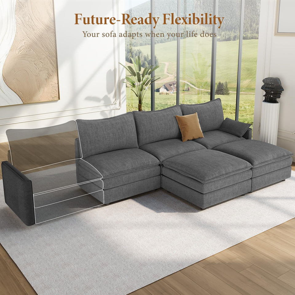 Vesgantti 142" U Shaped Sectional Couch, Comfy Cloud Modular Sectional Sofa with 2 Ottoman Deep Seat Chenille Modern Cloud Sofa, Modular Sofas for Living Room, Bedroom and Apartment, Beige