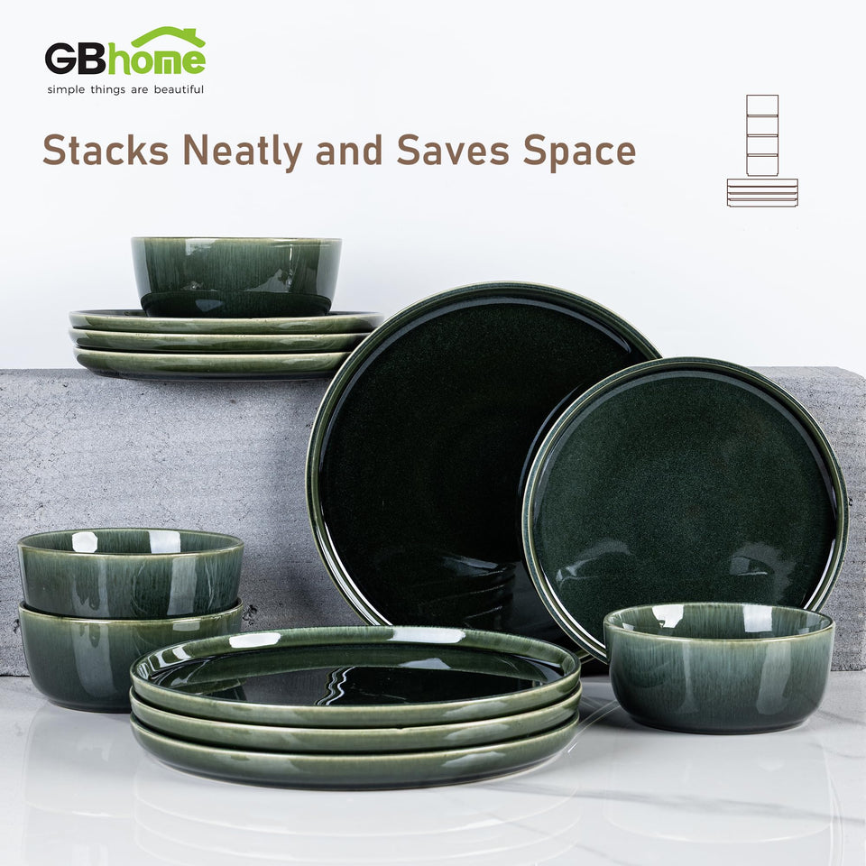 GBHOME Ceramic Dinnerware Sets for 8, 24 Pieces Stoneware Plates and Bowls Sets, Scratch Resistant Dishes, Dishwasher & Microwave Safe, Reactive Glaze-Green Wheat