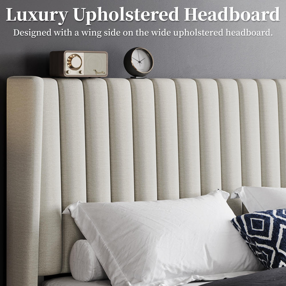 Yaheetech King Bed Frame Upholstered Platform Bed with Fabric Headboard, Wing Edge Design/Non-Slip and Noise-Free/Wooden Slats Support/No Box Spring Needed/Easy Assembly, Ivory King Bed