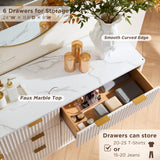 T4TREAM Fluted 7 Drawers Dresser, 54" Wide Modern Chest of Drawers with Faux Marble Top, Curved Profile Design, Dresser TV Stand, Wood Drawer Organizer for Bedroom, Living Room, Hallway, Natural Oak