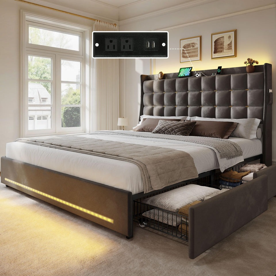 YITAHOME King Size Bed Frame with 4 Drawers and RGB LED Lights, Velvet Upholstered Platform Bed with Charging Station and Storage Headboard, No Box Spring Needed, Easy Assembly, Noise-Free, Black