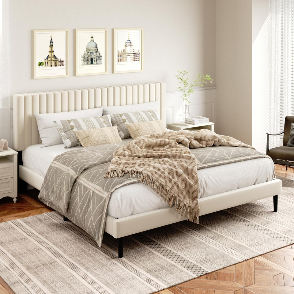 HAOARA King Size Bed Frame,King Size Platform Bed Frame and Velvet Upholstered Headboard with Strong Wood Slats, Box Spring Optional, Mattress Foundation, Easy Assembly Beige