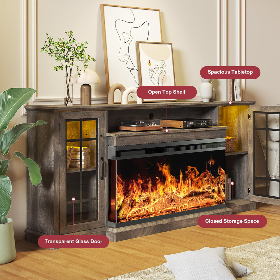 oneinmil 36 Inch 3-Sided Glass Fireplace TV Stand for TVs up to 80", Rustic Media Entertainment Center Console Table with Glass Door Closed Storage, Set of TV Table, White