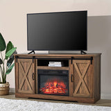 AMERLIFE Fireplace TV Stand with Sliding Barn Door for TVs up to 73", Farmhouse 63" Fireplace Entertainment Center with Storage Cabinets/Adjustable Shelves, Distressed White & Barnwood