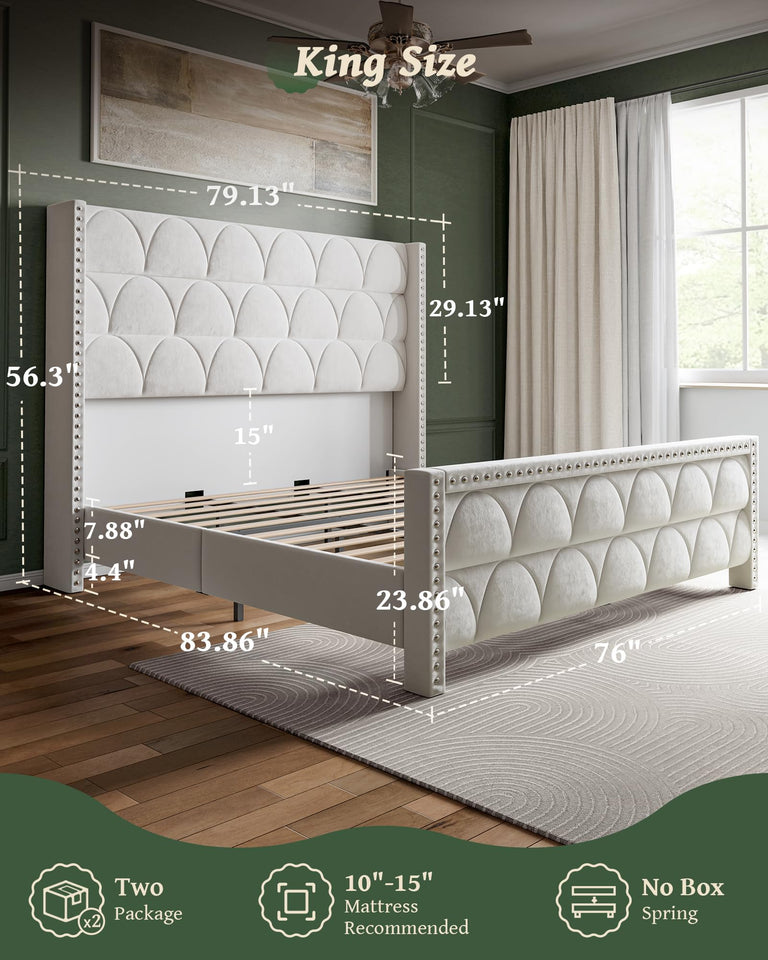 OHOHOLIVE King Size Bed Frame with 56" Headboard - 1000LBS Capacity Support, Velvet Upholstered Wingback Platform Bed Frame, Noise Free, Sturdy Wooden Slat Support