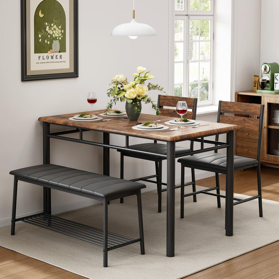 IRONCK Dining Table Set for 4, Kitchen Table with Upholstered Bench and 2 Chairs, Kitchen Table and Chairs Set for Small Space, Apartment, Rustic Brown