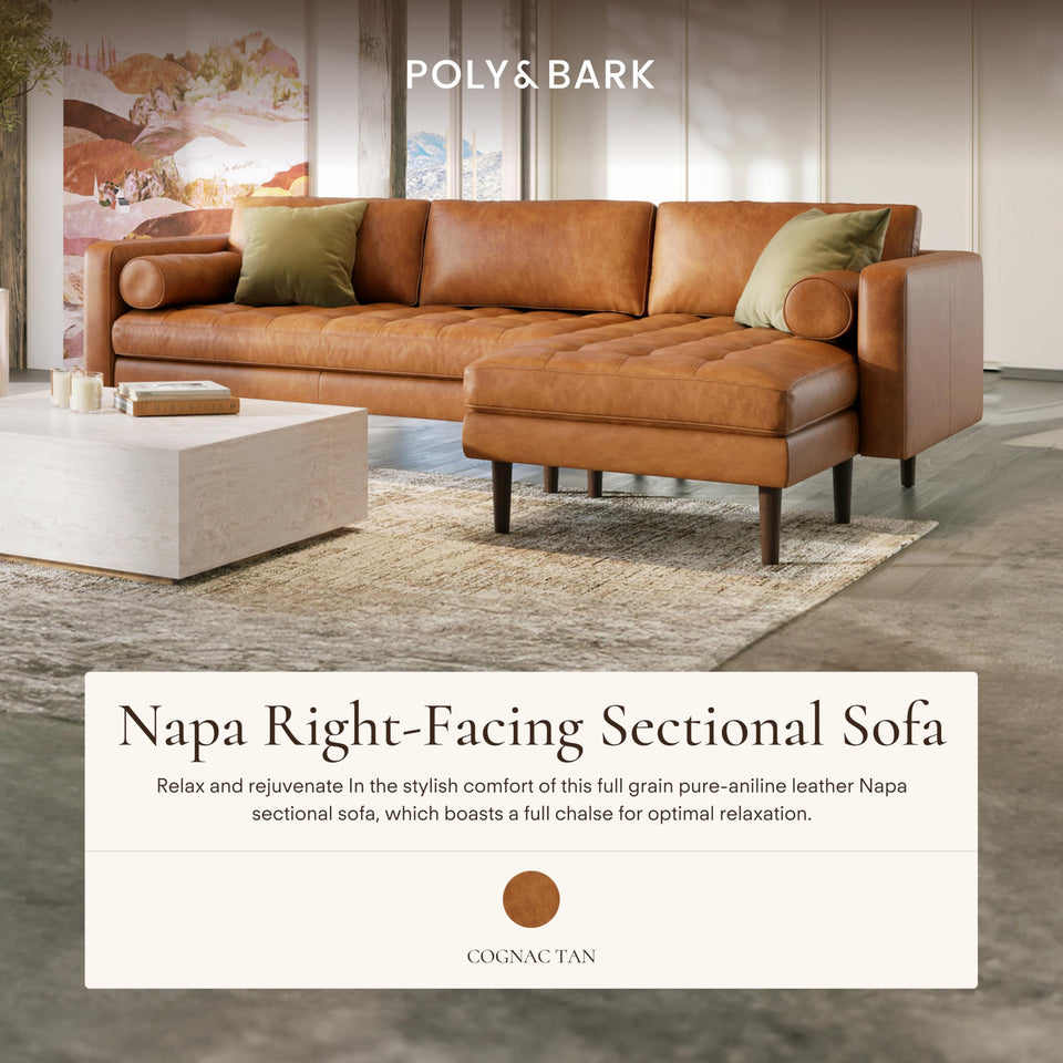 POLY & BARK Napa 72" Apartment Sofa – Italian-Tanned Full-Grain Pure-Aniline or Semi-Aniline Leather, Feather-Down Cushioning, Kiln-Dried Solid Wood Frame, Walnut Legs - Cognac Tan