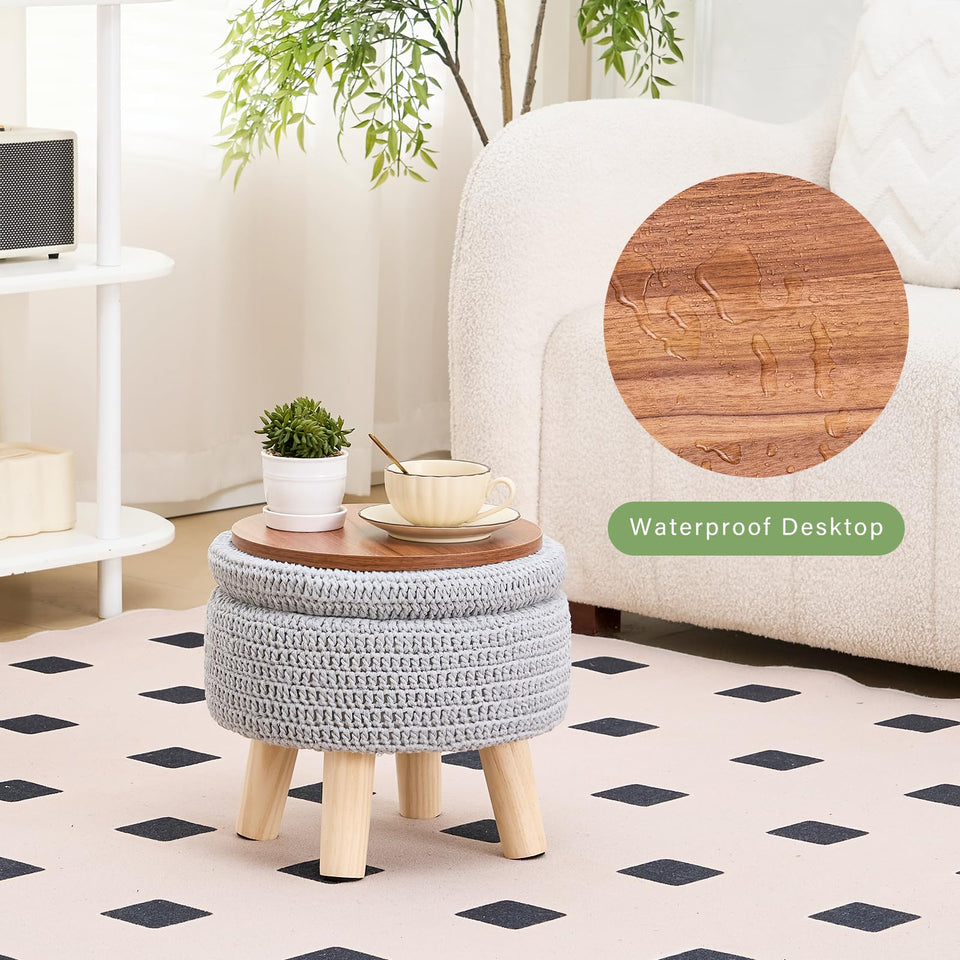 Wimarsbon Pouf Ottoman, 100% Cotton Knitted Boho Footstool, Round Footrest with Non-Skid Wood Legs, Home Décor Handmade Pouffe, Leisure Floor Step Stool for Living Room (Beige)