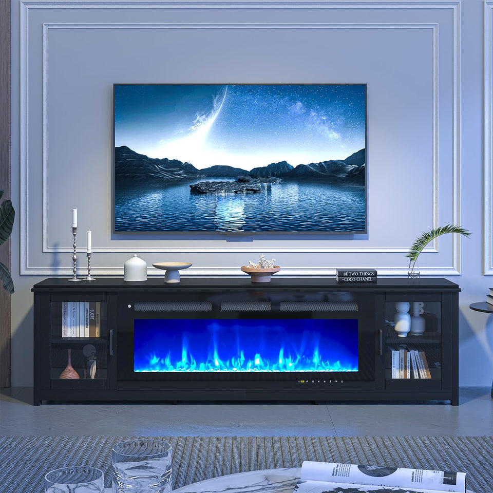 oneinmil 80" Fireplace TV Stand, 50 Inch Electric Fireplace & Modern Entertainment Center, TV Console with Adjustable Shelf & Glass Door for TVs Up to 90", Fire Place TV Stands for Living Room, Black
