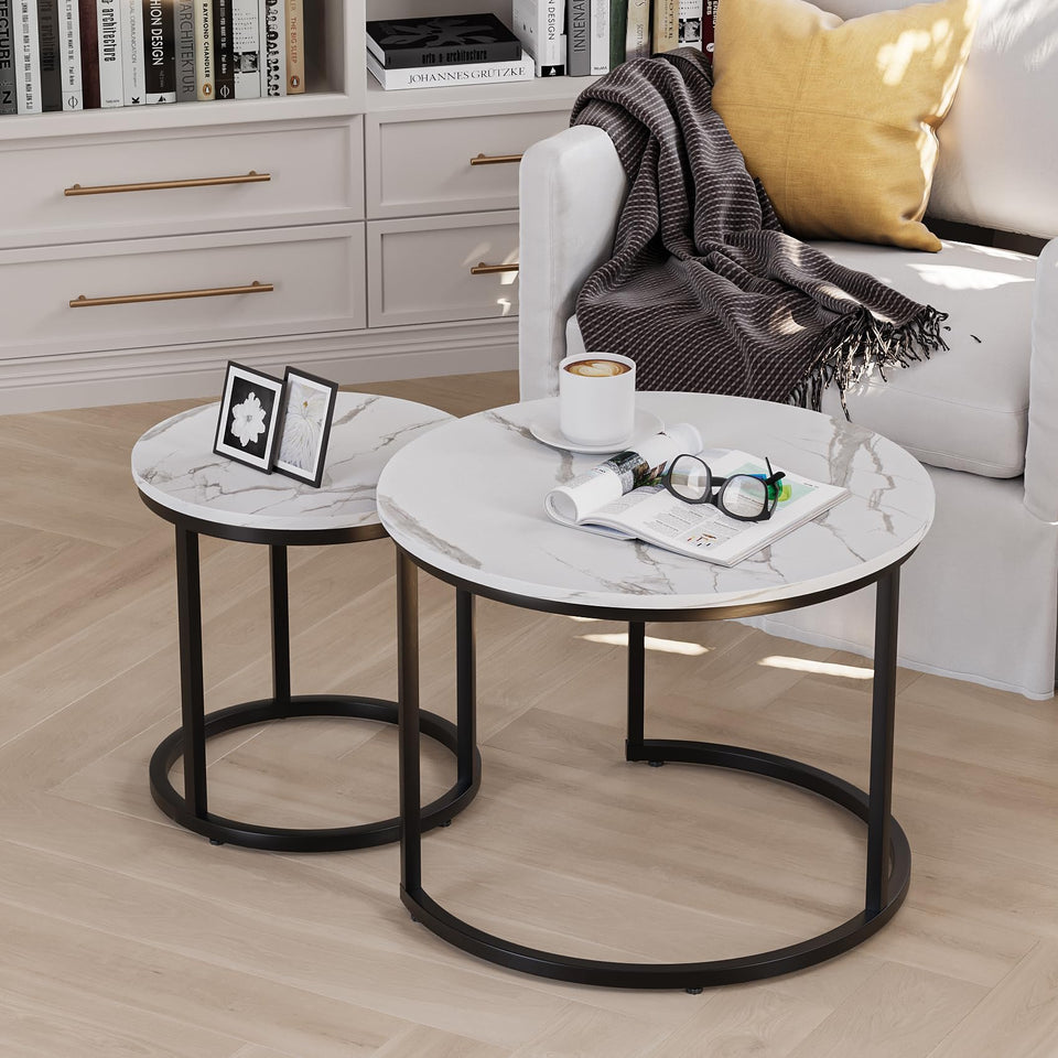Smuxee Nesting Coffee Table Set of 2, 23.6" Round Coffee Table Wood Grain Top with Adjustable Non-Slip Feet, Industrial End Table Side Tables for Living Room Bedroom Balcony Yard