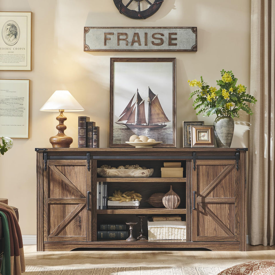 JXQTLINGMU Farmhouse TV Stand for 75+ Inch TV, 32" Tall Entertainment Center w/4 Drawers & Sliding Barn Door, Rustic Media Console w/Storage Shelves, 66" Wood Television Stand for Living Room, Brown