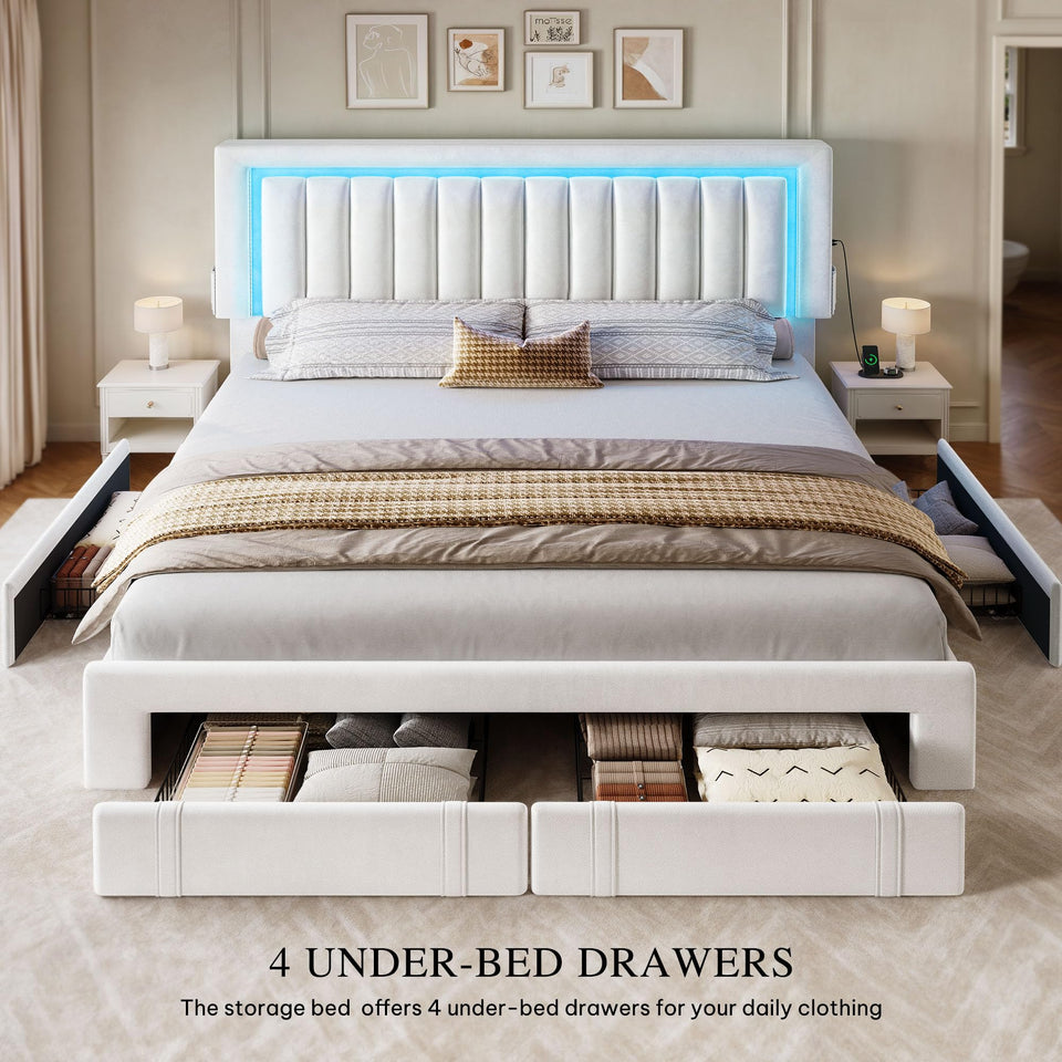 YITAHOME King Size Bed Frame with Adjustable Headboard, 4 Storage Drawers and RGB LED Lights, Velvet Upholstered Platform Bed with USB Ports, No Box Spring Needed, Fast Assembly, Noise-Free, Black