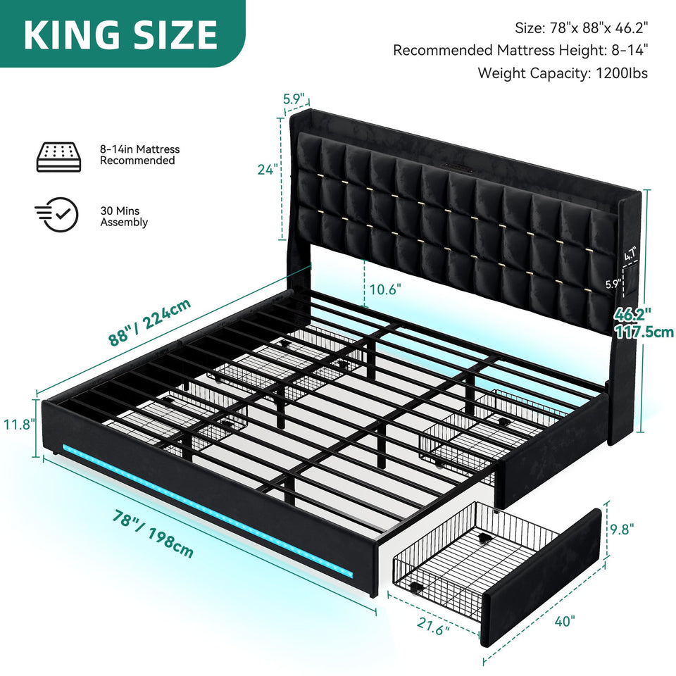 YITAHOME King Size Bed Frame with 4 Drawers and RGB LED Lights, Velvet Upholstered Platform Bed with Charging Station and Storage Headboard, No Box Spring Needed, Easy Assembly, Noise-Free, Black