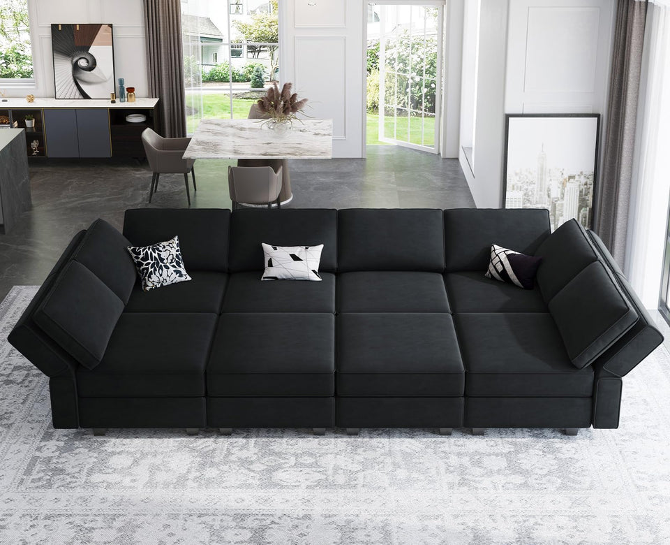 Belffin Modular Sectional Sofa with Ottomans Velvet Reversible Sleeper Chaise Bed Storage Seat Black